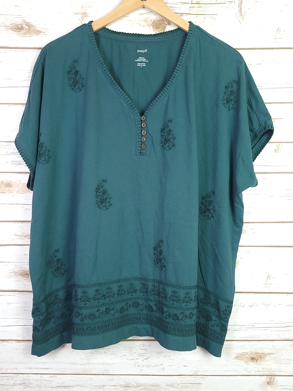 J Jill Pure Jill Embroidered Floral Buttoned V Neck Tee Xlarge Green